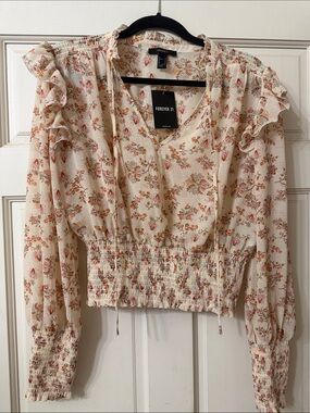 Forever 21 Cream Floral Ruffle-Sleeve Smocked Waist Blouse